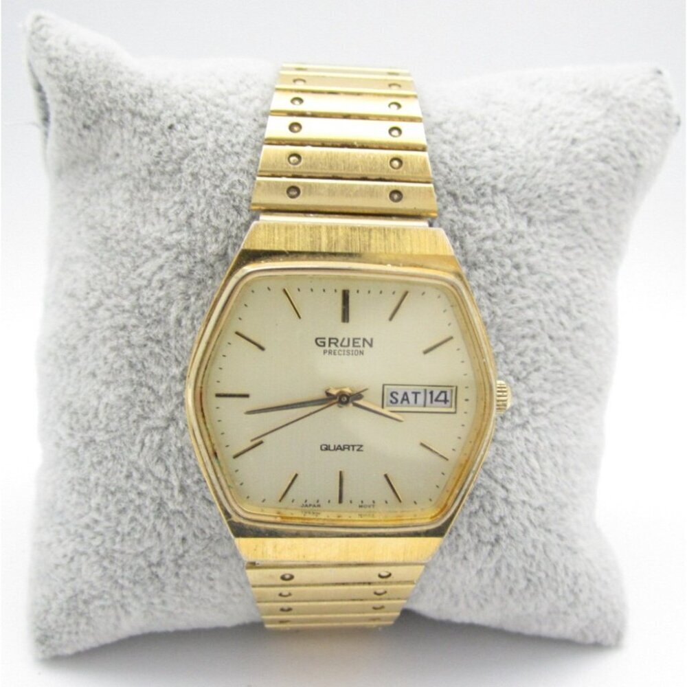 Vtg Gruen Precision Hexagon Quartz Analog 32mm Round Watch (I16) "New Battery"